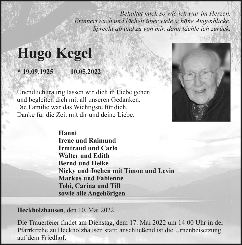  Traueranzeige für Hugo Kegel vom 14.05.2022 aus Weilburger Tageblatt