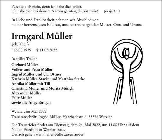 Traueranzeige von Irmgard Müller von Wetzlarer Neue Zeitung