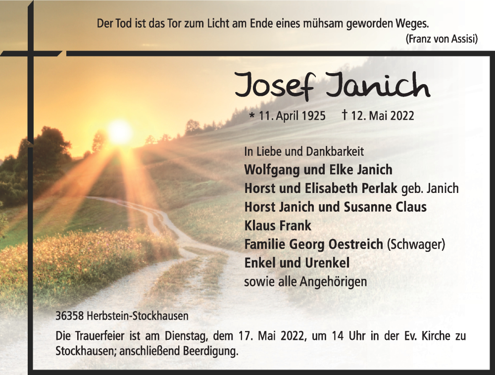  Traueranzeige für Josef Janich vom 14.05.2022 aus Lauterbacher Anzeiger