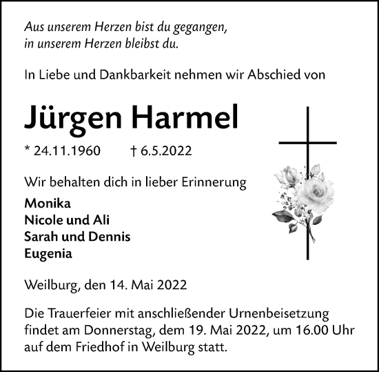 Traueranzeige von Jürgen Harmel von Weilburger Tageblatt