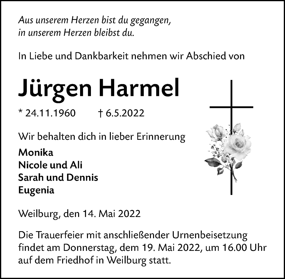  Traueranzeige für Jürgen Harmel vom 14.05.2022 aus Weilburger Tageblatt