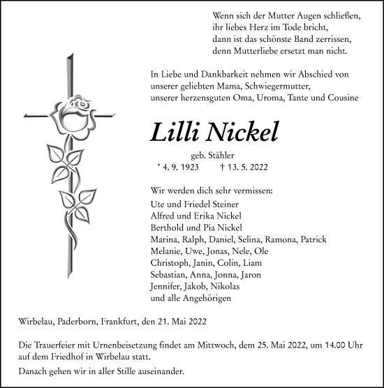 Traueranzeige von Lilli Nickel von Weilburger Tageblatt