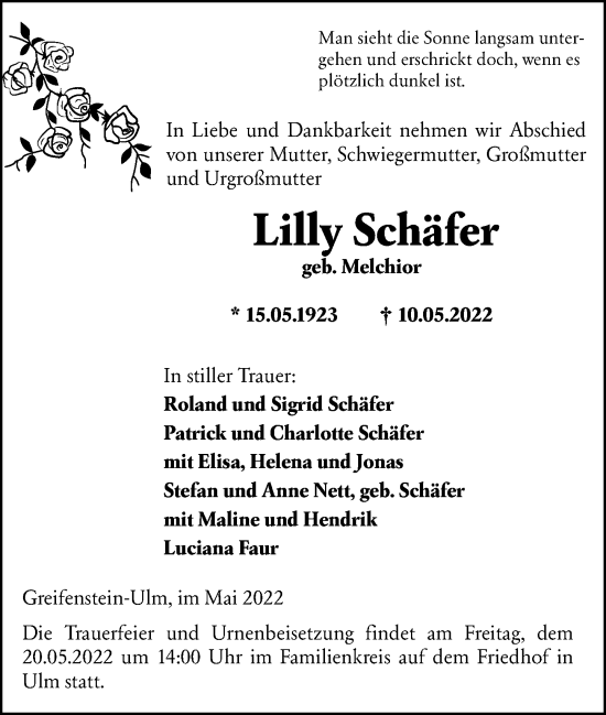 Traueranzeige von Lilly Schäfer von Wetzlarer Neue Zeitung