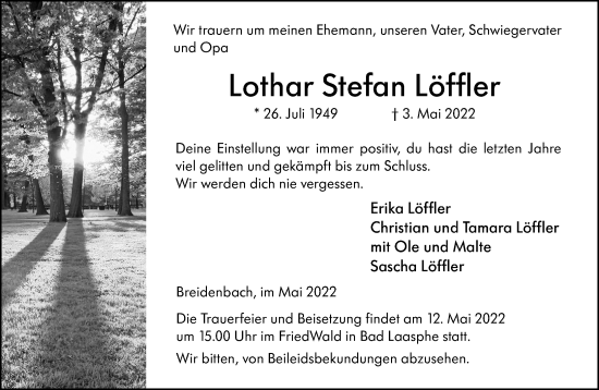 Traueranzeige von Lothar Stefan Löffler von Hinterländer Anzeiger