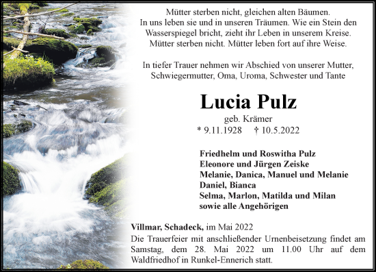 Traueranzeige von Lucia Pulz von Weilburger Tageblatt