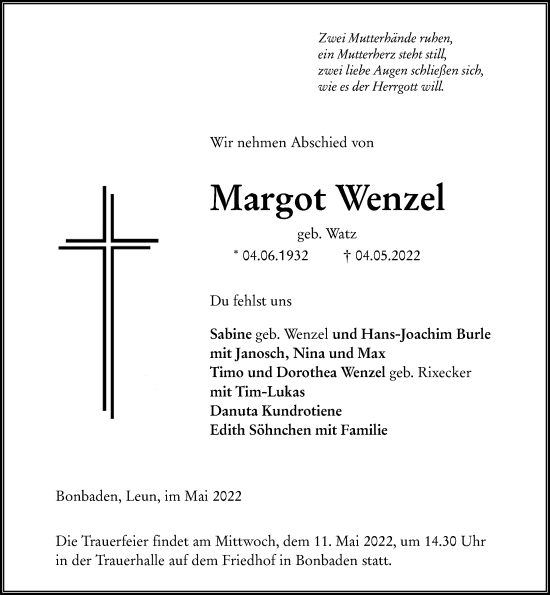 Traueranzeige von Margot Wenzel von Wetzlarer Neue Zeitung