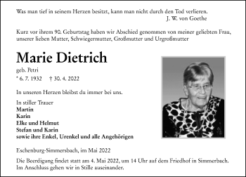 Traueranzeige von Marie Dietrich von Hinterländer Anzeiger