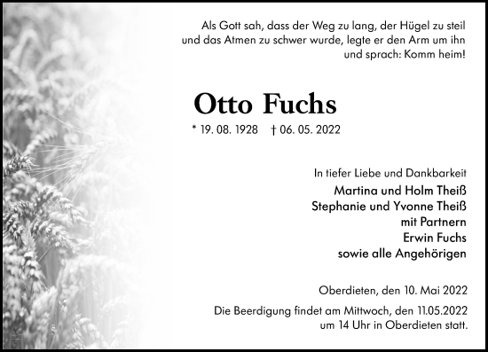 Traueranzeige von Otto Fuchs von Hinterländer Anzeiger