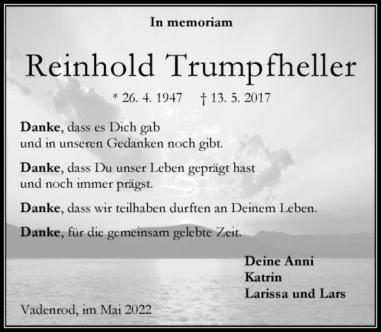 Traueranzeige von Reinhold Trumpfheller von VRM Trauer