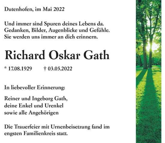Traueranzeige von Richard Oskar Gath von Wetzlarer Neue Zeitung