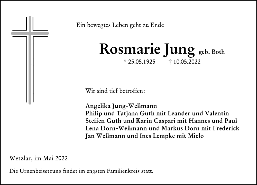  Traueranzeige für Rosmarie Jung vom 14.05.2022 aus Wetzlarer Neue Zeitung