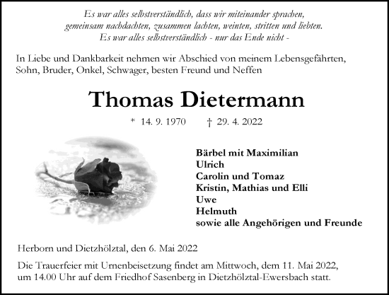 Traueranzeige von Thomas Dietermann von Dill Block