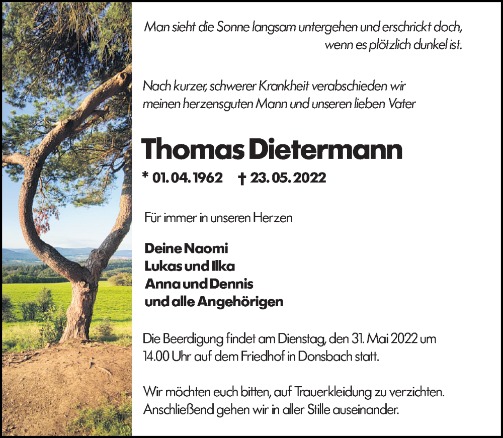  Traueranzeige für Thomas Dietermann vom 27.05.2022 aus Dill Block