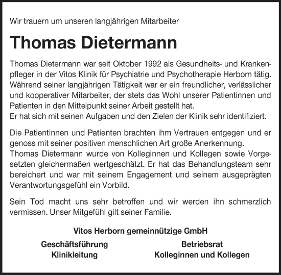 Traueranzeige von Thomas Dietermann von Dill Block