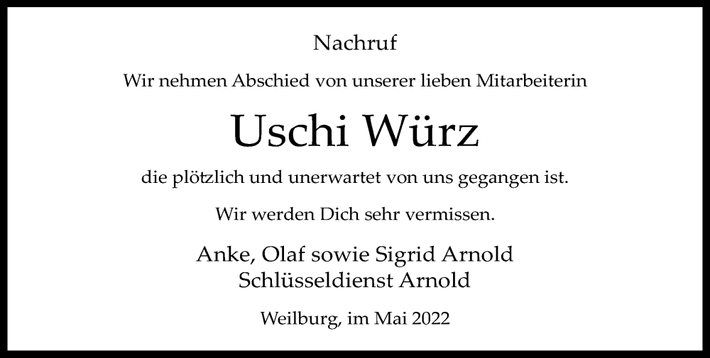  Traueranzeige für Uschi Würz vom 14.05.2022 aus Weilburger Tageblatt