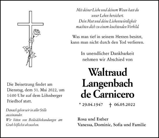 Traueranzeige von Waltraud Langenbach de Carnicero von Wetzlarer Neue Zeitung