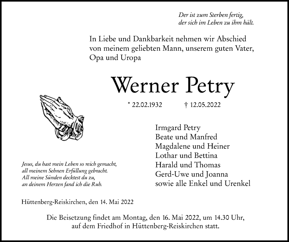  Traueranzeige für Werner Petry vom 14.05.2022 aus Wetzlarer Neue Zeitung
