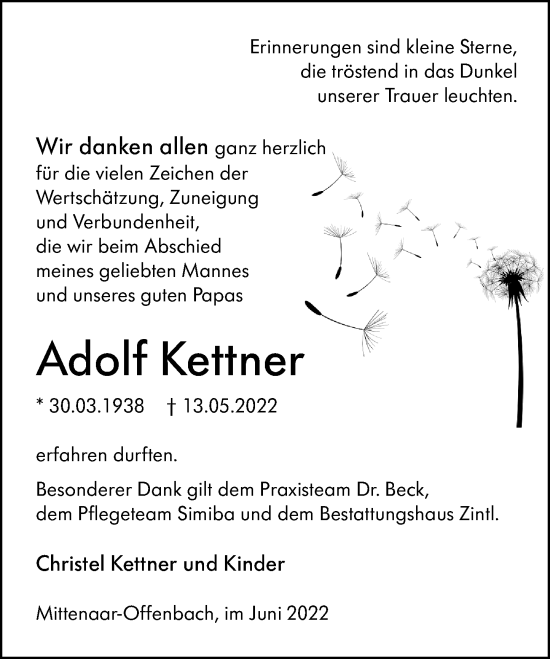 Traueranzeige von Adolf Kettner von Dill Block