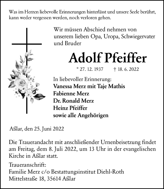 Traueranzeige von Adolf Pfeiffer von Wetzlarer Neue Zeitung