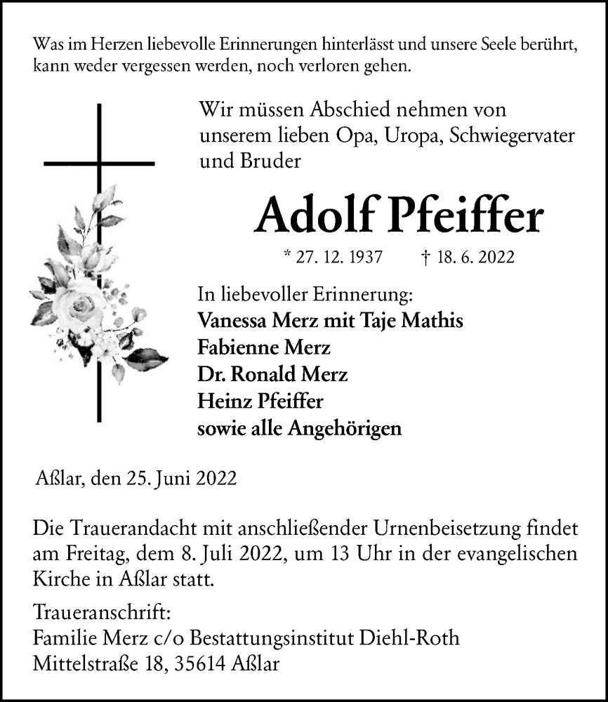  Traueranzeige für Adolf Pfeiffer vom 25.06.2022 aus Wetzlarer Neue Zeitung