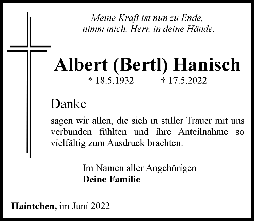  Traueranzeige für Albert Hanisch vom 17.06.2022 aus Camberger Anzeiger