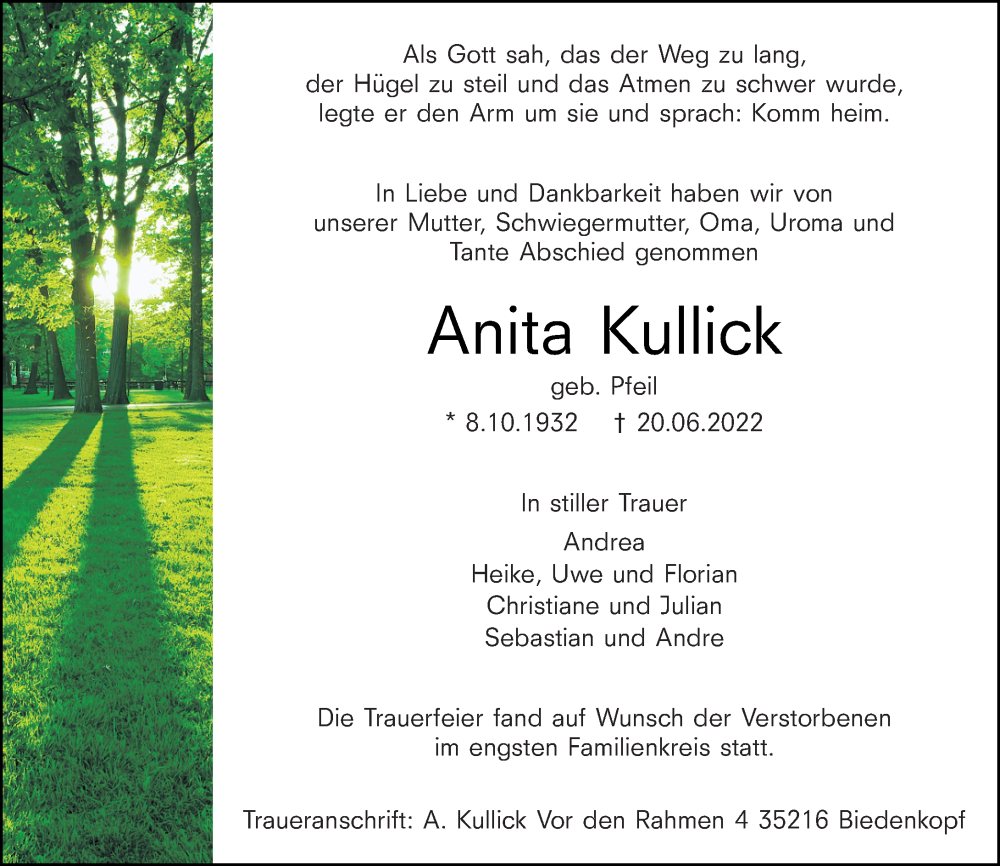  Traueranzeige für Anita Kullick vom 28.06.2022 aus Hinterländer Anzeiger