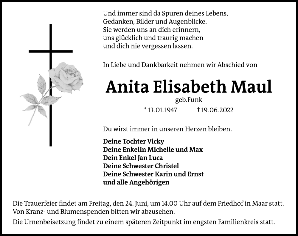  Traueranzeige für Anita Elisabeth Maul vom 22.06.2022 aus Lauterbacher Anzeiger