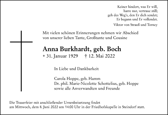 Traueranzeige von Anna Burkhardt von Wetzlarer Neue Zeitung