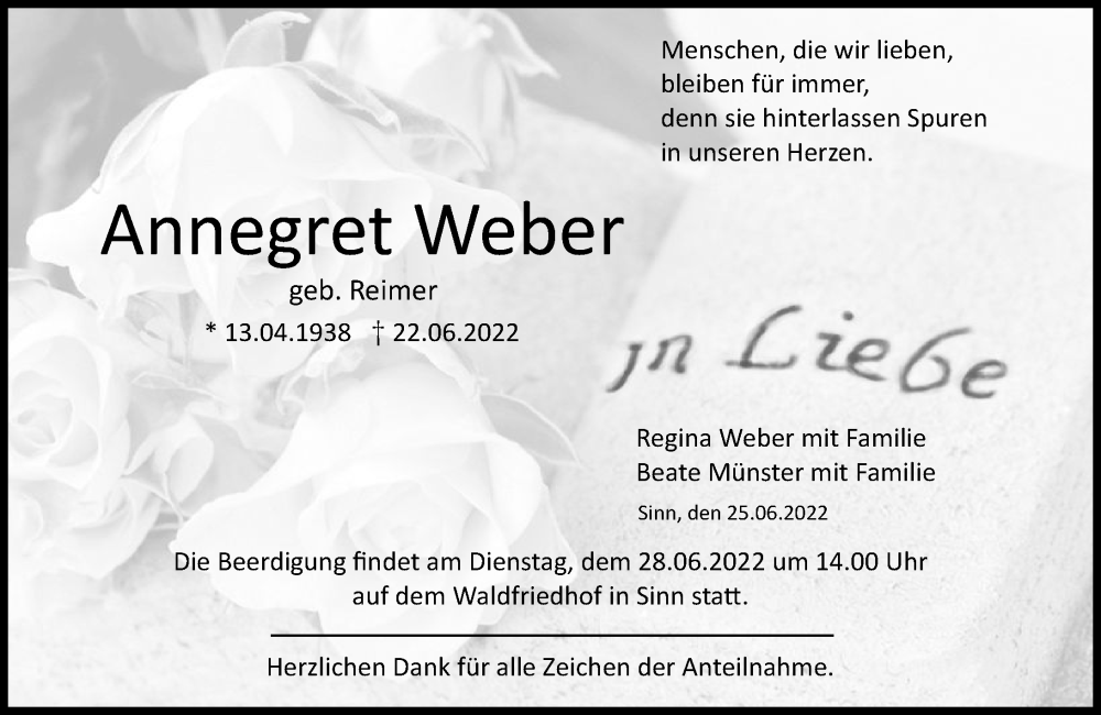  Traueranzeige für Annegret Weber vom 25.06.2022 aus Dill Block