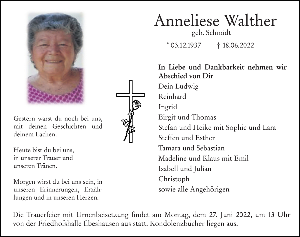  Traueranzeige für Anneliese Walther vom 24.06.2022 aus Lauterbacher Anzeiger