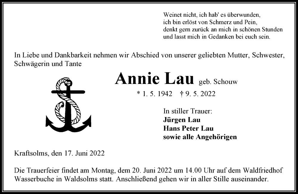  Traueranzeige für Anni Lau vom 17.06.2022 aus Wetzlarer Neue Zeitung
