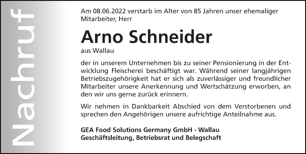  Traueranzeige für Arno Schneider vom 21.06.2022 aus Hinterländer Anzeiger
