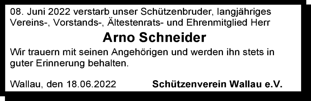  Traueranzeige für Arno Schneider vom 21.06.2022 aus Hinterländer Anzeiger