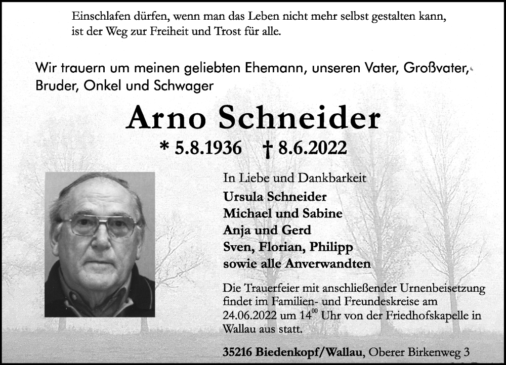  Traueranzeige für Arno Schneider vom 18.06.2022 aus Hinterländer Anzeiger