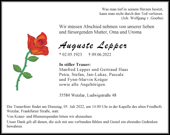 Traueranzeige von Auguste Lepper von Wetzlarer Neue Zeitung