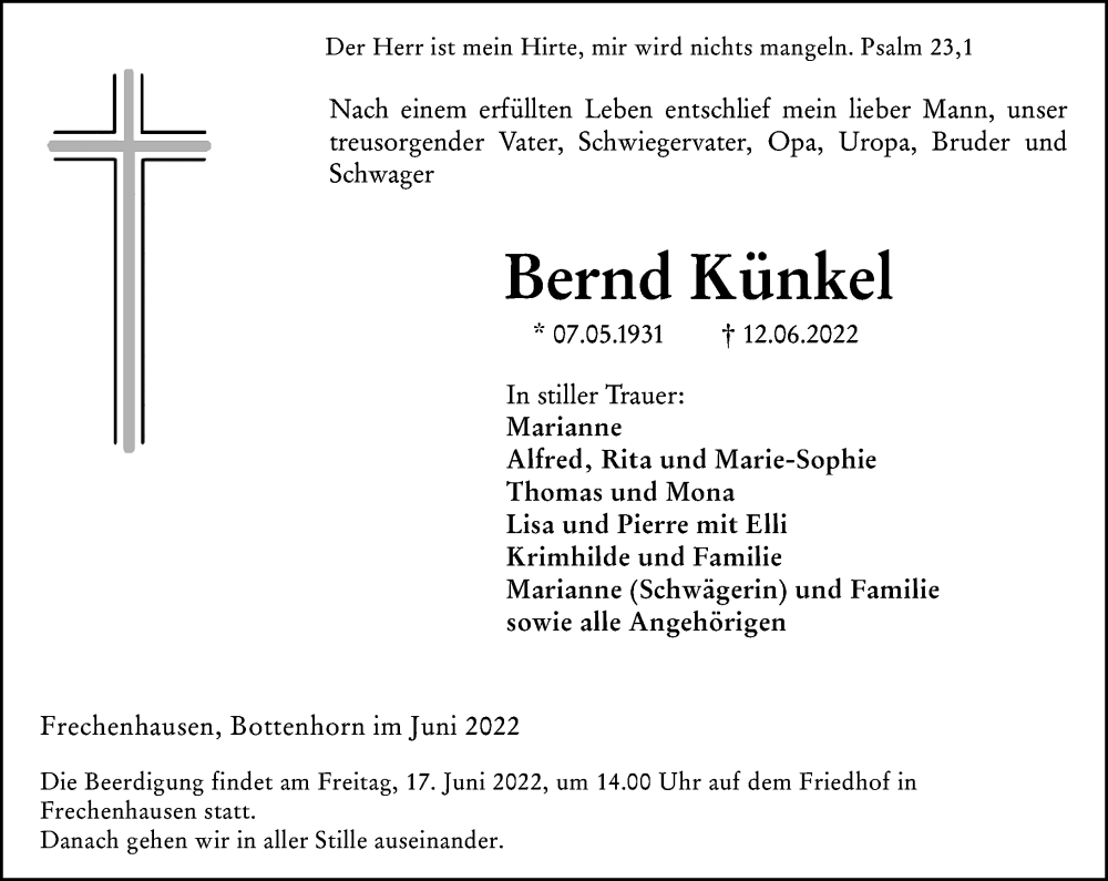  Traueranzeige für Bernd Künkel vom 15.06.2022 aus Hinterländer Anzeiger