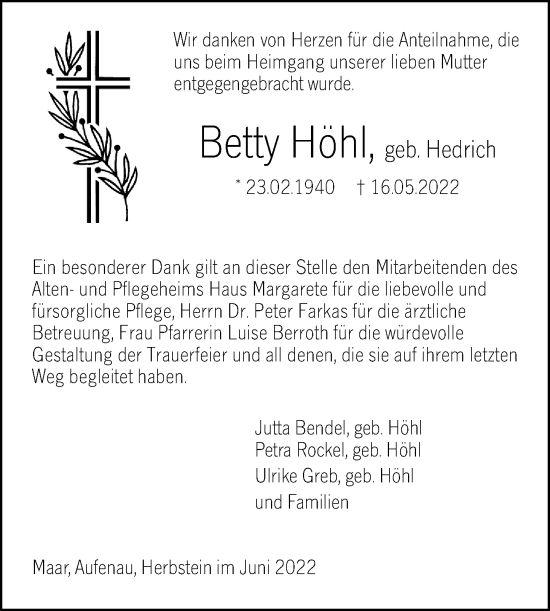 Traueranzeige von Betty Höhl von Lauterbacher Anzeiger