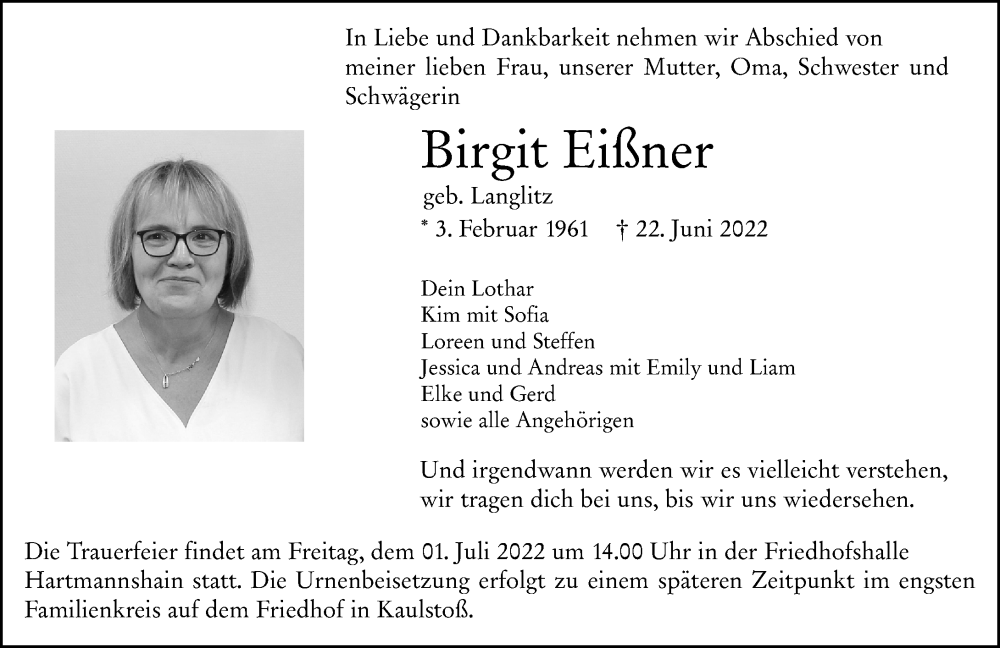  Traueranzeige für Birgit Eißner vom 29.06.2022 aus Lauterbacher Anzeiger