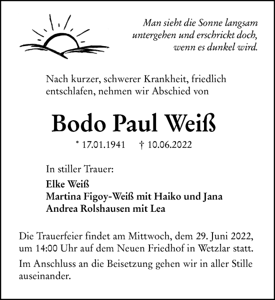 Traueranzeige von Bodo Paul Weiß von Wetzlarer Neue Zeitung
