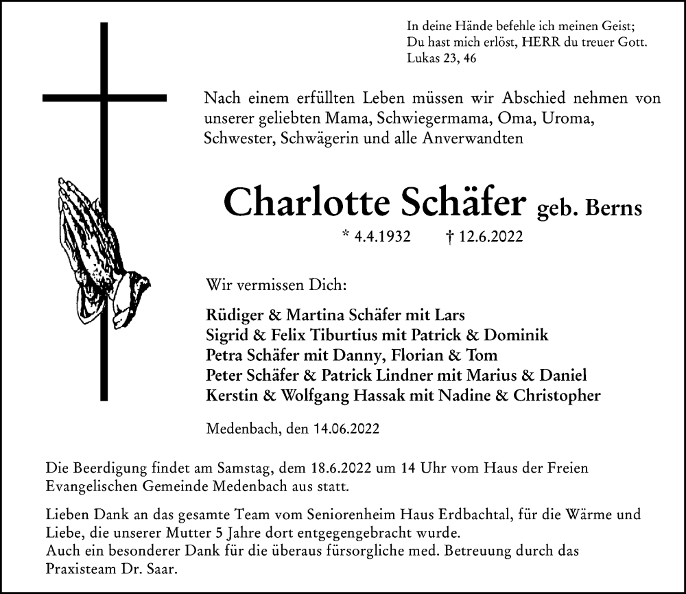  Traueranzeige für Charlotte Schäfer vom 15.06.2022 aus Dill Block