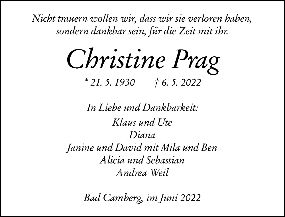  Traueranzeige für Christine Prag vom 17.06.2022 aus Camberger Anzeiger