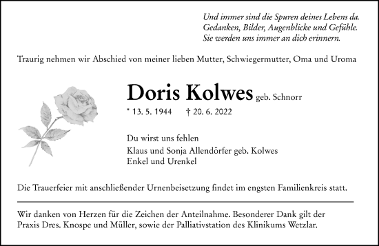 Traueranzeige von Doris Kolwes von Wetzlarer Neue Zeitung