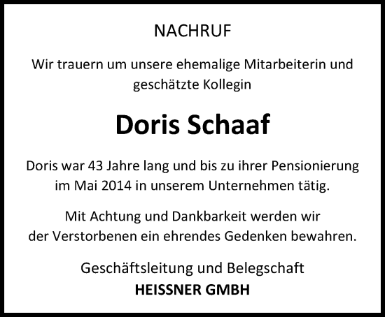 Traueranzeige von Doris Schaaf von Lauterbacher Anzeiger