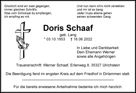 Traueranzeige von Doris Schaaf von Lauterbacher Anzeiger