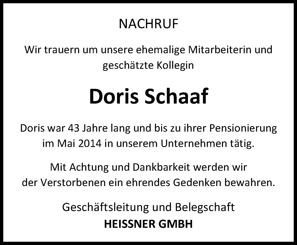  Traueranzeige für Doris Schaaf vom 28.06.2022 aus Lauterbacher Anzeiger