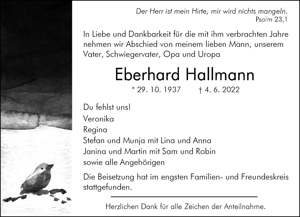  Traueranzeige für Eberhard Hallmann vom 25.06.2022 aus Wetzlarer Neue Zeitung