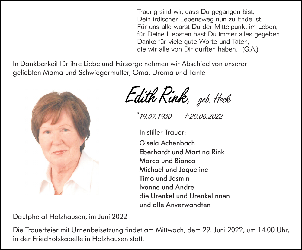  Traueranzeige für Edith Rink vom 27.06.2022 aus Hinterländer Anzeiger