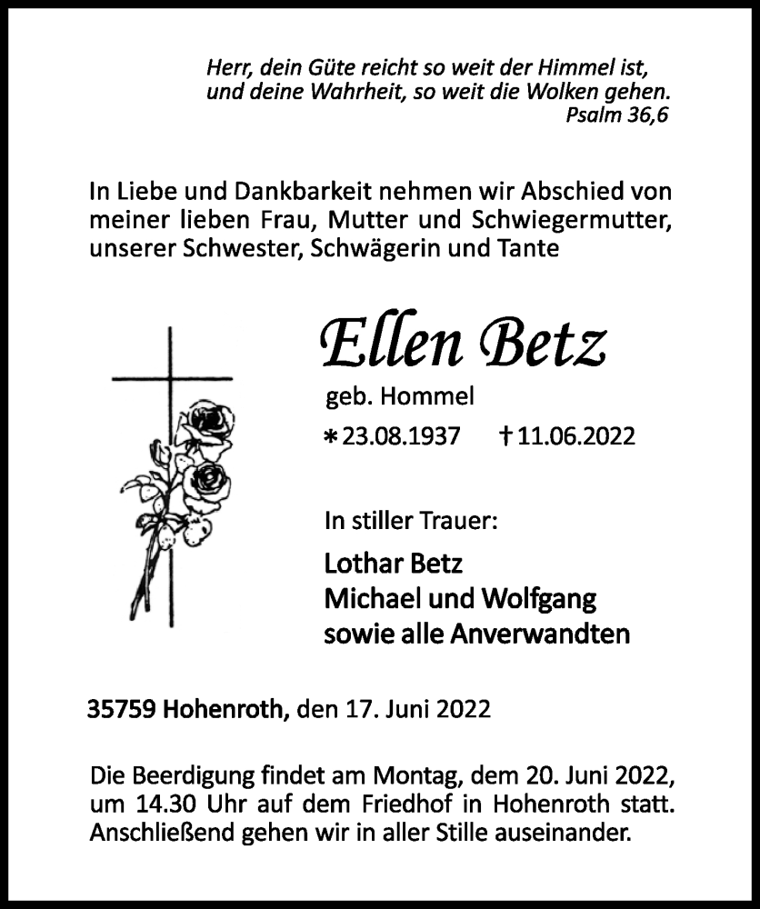  Traueranzeige für Ellen Betz vom 17.06.2022 aus Dill Block