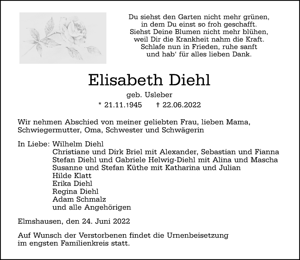  Traueranzeige für Elisabeth Diehl vom 24.06.2022 aus Hinterländer Anzeiger