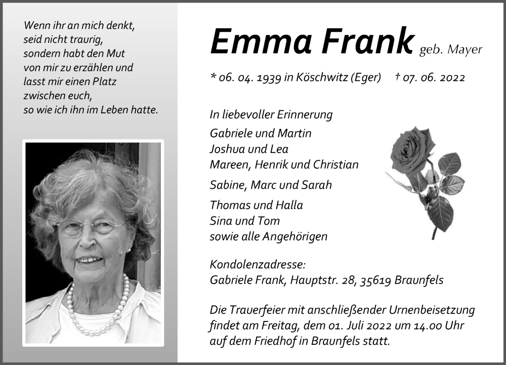  Traueranzeige für Emma Frank vom 25.06.2022 aus Wetzlarer Neue Zeitung
